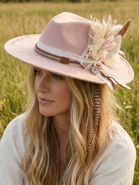 Luna Custom Blush Pink Suede Fedora Hat Engraved Agate Boho Size M